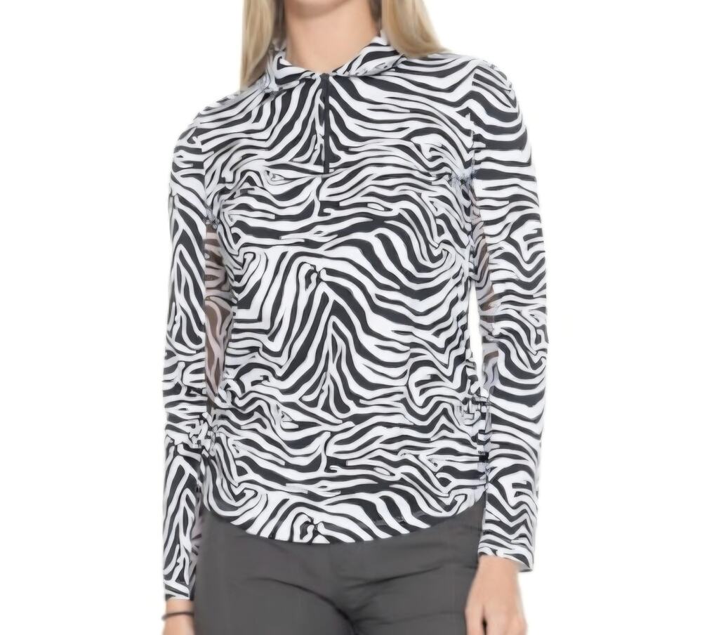 Ibkul Printed Adjustable Length Polo Shirt Women's sz M Zip Neck Long Sleeve NWT